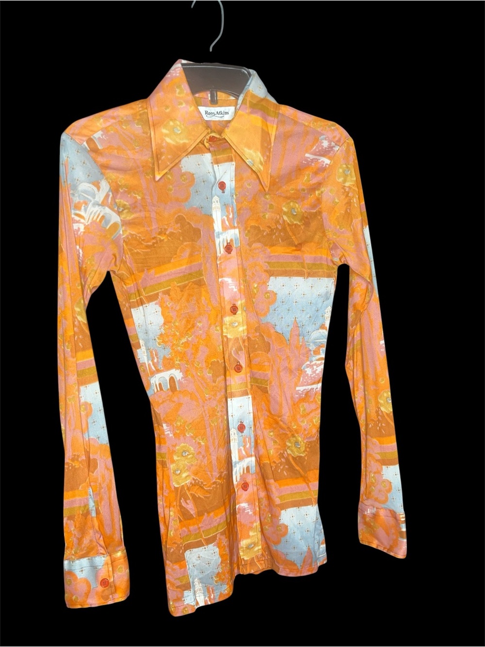 1970’s DISCO ERA TRUE VINTAGE  Orange landscape print polyester XS Dress Shirt